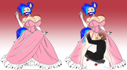 Size: 5285x2888 | Tagged: explicit, artist:aeolus06, oc, oc:moniker, anthro, big lips, bimbo, clothes, cunnilingus, dress, fingering, gown, hidden sex, high heels, human, human on anthro action, imported from twibooru, interspecies, male, oral, penetration, sex, shoes, shotacon, skateboard, smiling, straight, straight shota, thrill of almost being caught, underage, waving, x-ray