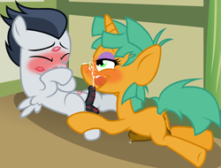 Size: 3492x2651 | Tagged: explicit, artist:badumsquish, balls, blowjob, blushing, colt, colt on colt, cum, cumming, derpibooru exclusive, erection, foal, foalcon, g4, gay, glitter shell, high res, horn, horsecock, imported from derpibooru, kiss mark, licking lips, lipstick, lipstick fetish, lipstick on balls, lipstick on penis, makeup, male, nudity, on back, oral, orgasm, pegasus, penis, pony, precum, reasonably sized genitals, reverse foalcon, rumble, sex, shipping, show accurate, show accurate porn, snails, snumble, trap, unicorn