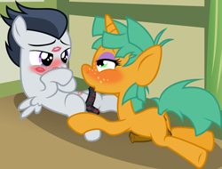 Size: 3492x2651 | Tagged: explicit, artist:badumsquish, after kiss, balls, blowjob, blushing, cock kissing, colt, colt on colt, derpibooru exclusive, erection, eye contact, foal, foalcon, g4, gay, glitter shell, high res, horn, horsecock, imported from derpibooru, just the tip, kiss mark, kissing, lipstick, lipstick fetish, lipstick on balls, lipstick on penis, makeup, male, nudity, on back, oral, pegasus, penis, pony, reasonably sized genitals, reverse foalcon, rumble, sex, shipping, show accurate, show accurate porn, snails, snumble, trap, unicorn