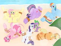 Size: 1600x1200 | Tagged: explicit, artist:devanstar, applejack, fluttershy, pinkie pie, rainbow dash, rarity, spike, twilight sparkle, anthro, anus, ass, ballgag, beach, belly button, blowjob, blushing, bondage, breasts, busty applejack, busty rarity, butt, clitoris, contortionist, dragon, female, foalcon, g4, gag, imported from derpibooru, knee tied, male, maledom, mane seven, mane six, nipples, nudity, oral, palindrome get, penis, pubic hair, rope, sex, ship:sparity, shipping, show accurate, show accurate porn, spike gets all the mares, spread legs, straight, twibutt, underhoof, unguligrade anthro, vagina, vulva, wall of tags
