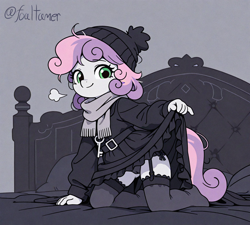 Size: 2368x2128 | Tagged: suggestive, sweetie belle, ai content, anthro, bed, breath, cameltoe, child, clothes, dress, female, garter straps, hat, imported from twibooru, kneeling, lolicon, long sleeves, on bed, panties, prompter:foaltamer, scarf, skirt, skirt lift, smiling, socks, solo, solo female, stockings, thigh highs, thighs, toque, underage, underwear