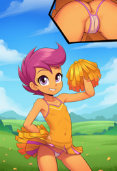 Size: 832x1216 | Tagged: explicit, scootaloo, ai generated, anus, backless, backless panties, beach, belly button, bent over, bottomless, breasts, butt, cheering, cheerleader, cheerleader outfit, child, clitoris, clothes, cute, cute porn, equestria girls, equestria girls-ified, female, field, human, humanized, imported from twibooru, lolicon, no panties, novelai, nudity, panels, panties, prompter:doomguy397, pussy outline, scootabutt, see-through, see-through panties, skirt, small breasts, smiling, solo, solo female, stable diffusion, underage, underwear, vulva