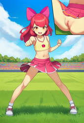Size: 832x1216 | Tagged: explicit, apple bloom, ai generated, anus, beach, belly button, bottomless, breasts, cheerleader, cheerleader outfit, child, clitoris, clothes, cute, cute porn, equestria girls, equestria girls-ified, female, field, human, humanized, imported from twibooru, lolicon, no panties, novelai, nudity, panels, prompter:doomguy397, sitting, skirt, small breasts, smiling, solo, solo female, stable diffusion, underage, underwear, upskirt, vulva