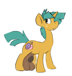 Size: 1082x1145 | Tagged: explicit, artist:puppypaws, artist:theyoungprince, balls, balls on floor, big penis, foalcon, freckles, g4, imported from derpibooru, impossibly large balls, impossibly large penis, male, nudity, penis, pony, snails, solo, solo male, unicorn
