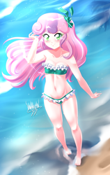Size: 3164x5000 | Tagged: suggestive, artist:danmakuman, sweetie belle, adorasexy, anime, banned from derpibooru, barefoot, beach, belly button, bicolor swimsuit, bikini, blushing, bow, breasts, clothes, cute, feet, female, flowing hair, frilled swimsuit, green swimsuit, hair bow, human, human coloration, humanized, imported from twibooru, lolicon, looking at you, looking up, sexy, small breasts, smiling, solo, solo female, swimsuit, underage, water, wet