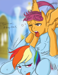 Size: 590x767 | Tagged: explicit, artist:idlecum, artist:teraspell, rainbow dash, scootaloo, derpibooru exclusive, edit, female, foalcon, g4, implied futa, imported from derpibooru, lesbian, mare on filly, ship:scootadash, shipping, sweat, tongue out