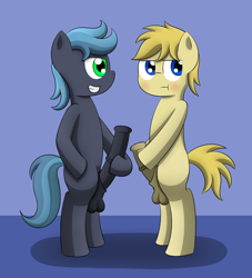 Size: 1489x1639 | Tagged: explicit, artist:pvryohei, oc, oc:eros, oc:lux, balls, bipedal, blushing, colt, cute, cute porn, foal, foalcon, imported from derpibooru, male, males only, nudity, oc only, penis, penis size difference, pony, sausage fest, size comparison