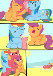 Size: 2480x3508 | Tagged: explicit, artist:jbond, rainbow dash, scootaloo, comic:applebuck, balls, beach, big macintosh, comic, cum, cum in mouth, cum string, cumming, earth pony, eyes closed, female, filly, foal, foalcon, g4, group sex, high res, imported from derpibooru, licking, licking cock, lying down, male, mare, nudity, open mouth, oral, outdoor sex, outdoors, part of a set, pegasus, penis, pony, public sex, scootamacdash, sex, ship:rainbowmac, ship:scootamac, shipping, stallion, straight, threesome, tongue out, vulva