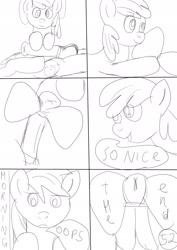 Size: 1654x2336 | Tagged: explicit, artist:jbond, apple bloom, comic:applebuck, anus, balls, big macintosh, bow, comic, earth pony, female, filly, foal, foalcon, g4, imported from derpibooru, male, monochrome, monologue, nudity, part of a set, penis, pony, sleeping, speech bubble, stallion, talking, text