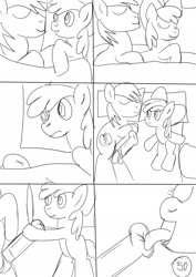 Size: 1654x2336 | Tagged: explicit, artist:jbond, apple bloom, comic:applebuck, big macintosh, comic, earth pony, eyes closed, female, filly, foal, foalcon, g4, hoofjob, imported from derpibooru, incest, licking, licking cock, male, monochrome, nudity, oral, part of a set, penis, pony, sex, sketch, sleeping, stallion, straight, tongue out