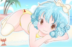 Size: 2048x1338 | Tagged: suggestive, artist:appleracker, background, beach, bikini, blue hair, clothes, cozy glow, cutie mark, cutie mark on clothes, equestria girls, female, freckles, imported from twibooru, laying on stomach, lolicon, palm tree, socks, swimsuit, thigh highs, tree, underage, yellow bikini