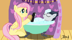 Size: 1600x900 | Tagged: explicit, artist:jbond, fluttershy, bath, bathroom, colt, duo, eyes closed, female, foal, foalcon, g4, imported from derpibooru, male, mare, nudity, pegasus, penis, pony, rumble, ship:rumbleshy, shipping, signature, sitting, sponge bath, straight