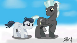Size: 1280x720 | Tagged: explicit, artist:jbond, big penis, brothers, cloud, cloudy, colt, duo, foal, foalcon, g4, imported from derpibooru, impossibly large penis, jealous, male, males only, nudity, pegasus, penis, penis size difference, pony, rumble, sausage fest, siblings, signature, size comparison, stallion, thunderlane