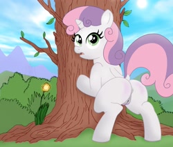 Size: 2399x2048 | Tagged: explicit, sweetie belle, anus, artist needed, female, filly, foal, foalcon, g4, high res, imported from derpibooru, nudity, ponut, solo, solo female, source needed, tree, vulva