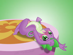 Size: 2263x1690 | Tagged: explicit, artist:pyruvate, artist:reduxdrawer8k, spike, comic:dragon queen, anthro, arched back, armpits, backbend, blushing, dragon, edit, feet, femboy, foalcon, forked tongue, g4, girly, imported from derpibooru, male, nudity, on back, penis, plantigrade anthro, reasonably sized genitals, simple background, small penis, solo, solo male, spine, stage, stretching, stupid sexy spike, tongue out, wingless spike