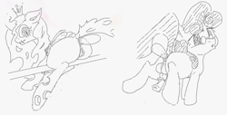 Size: 628x320 | Tagged: explicit, queen chrysalis, sweetie belle, anal, changeling, flockdraw, flockmod, foalcon, futa, futa sweetie belle, g4, imported from derpibooru, insertion, intersex, monochrome, nudity, penis, presenting, reasonably sized genitals, sketch