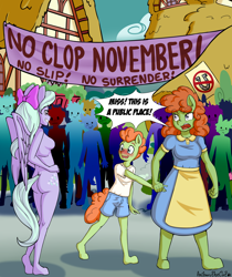 Size: 3720x4432 | Tagged: questionable, artist:anibaruthecat, anthro, banned from derpibooru, earth pony, erection, exhibitionism, female, flitter, g4, horn, imported from twibooru, male, pegasus, penis, public nudity, shotacon, shuffle step, straight, straight shota, tenting, underage, unicorn