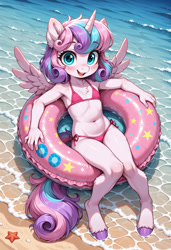Size: 800x1170 | Tagged: suggestive, princess flurry heart, ai content, ai generated, alicorn, anthro, beach, belly button, bikini, blushing, breasts, chest fluff, clothes, cute, delicious flat chest, female, g4, high angle, hooves, horn, imported from twibooru, inner tube, lolicon, looking at you, ocean, older, older flurry heart, open smile, pool toy, prompter:sajrep, smiling, smiling at you, solo, solo female, starfish, swimsuit, tail, underage, unguligrade anthro, water, wings