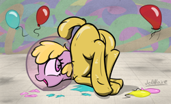 Size: 3056x1852 | Tagged: questionable, artist:jetwave, oc, oc:puppysmiles, ass up, balloon, balloon popping, butt, cameltoe, earth pony, face down ass up, fallout, fallout equestria, fallout equestria: pink eyes, fanfic, fanfic art, female, filly, floppy ears, foal, foalcon, hazmat suit, hooves, imported from derpibooru, looking back, oc only, open mouth, party balloon, plot, pony, raised tail, smiling, solo, solo female, underhoof