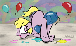 Size: 3056x1852 | Tagged: explicit, artist:jetwave, oc, oc:puppysmiles, ass up, balloon, balloon fetish, balloon popping, butt, earth pony, face down ass up, fallout, fallout equestria, fallout equestria: pink eyes, fanfic, fanfic art, female, filly, floppy ears, foal, foalcon, hooves, imported from derpibooru, looking back, nudity, oc only, open mouth, party balloon, plot, pony, raised tail, smiling, solo, solo female, teeth, underhoof, vulva