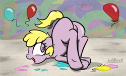Size: 3056x1852 | Tagged: explicit, artist:jetwave, oc, oc:puppysmiles, ass up, balloon, balloon popping, butt, earth pony, face down ass up, fallout, fallout equestria, fallout equestria: pink eyes, fanfic, fanfic art, female, filly, floppy ears, foal, foalcon, hooves, imported from derpibooru, looking back, nudity, oc only, open mouth, party balloon, plot, pony, raised tail, smiling, solo, solo female, teeth, underhoof, vulva