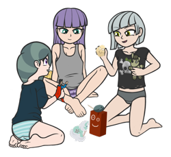 Size: 1200x1100 | Tagged: suggestive, artist:deserter, oc, oc:pepples, bedroom, boulder, breasts, cameltoe, clothes, crossed legs, ed edd n eddy, female, imported from twibooru, kneeling, limestone pie, lolicon, marble pie, maud pie, playing, plushie, shirt, siblings, simple background, sisters, skull, sleeveless, sleeveless shirt, small breasts, striped underwear, superman, toy, transparent background, underage, underwear, younger