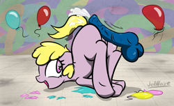 Size: 3056x1852 | Tagged: explicit, artist:jetwave, oc, oc:puppysmiles, ass up, balloon, balls, butt, cum, cum on hair, cum on tail, cumming, disembodied penis, earth pony, face down ass up, fallout, fallout equestria, fallout equestria: pink eyes, fanfic, fanfic art, female, female focus, filly, foal, foalcon, happy sex, hooves, horsecock, hotdogging, imported from derpibooru, looking back, male, nudity, oc only, open mouth, orgasm, penis, plot, pony, raised tail, smiling, solo focus, straight, underhoof, vulva
