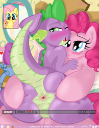 Size: 1225x1575 | Tagged: explicit, artist:kyokimute, fluttershy, pinkie pie, spike, age difference, anus, ass, blushing, butt, dildo, dragon, dragonbutt, earth pony, female, foalcon, g4, implied pegging, imported from derpibooru, male, nudity, pegasus, pony, sex toy, ship:pinkiespike, shipping, spreading, straight, strapon, trio, webcam, wingless spike