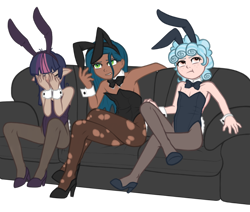Size: 2120x1800 | Tagged: suggestive, artist:deserter, queen chrysalis, twilight sparkle, annoyed, blushing, breasts, bunny ears, bunny suit, casting couch, clothes, couch, cozy glow, crossed legs, dark skin, delicious flat chest, ear blush, elf ears, embarrassed, female, human, humanized, imported from twibooru, lolicon, mean twilight sparkle, ripped stockings, simple background, socks, stockings, teenager, thigh highs, transparent background, underage, unicorns as elves, winged humanization, wings, younger