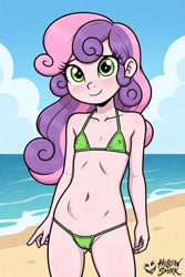 Size: 512x768 | Tagged: questionable, editor:hollowsmirk, sweetie belle, ai content, beach, bikini, clothes, cute, female, human, humanized, imported from twibooru, lolicon, panties, prompter:hollowsmirk, skimpy clothing, swimsuit, thong, underage, underwear