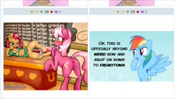 Size: 1136x640 | Tagged: explicit, artist:anibaruthecat, artist:teraspell, babs seed, rainbow dash, age difference, anus, blushing, butt, cheerilee, clothes, derpibooru, derpibooru exclusive, earth pony, edit, exploitable meme, female, filly, foal, foalcon, foaldom, g4, imported from derpibooru, juxtaposition, juxtaposition win, lesbian, mare, mare on filly, meme, meta, nudity, on side, panties, panties around legs, panties pulled down, pegasus, plot, pony, skirt, skirt lift, underwear, vaginal secretion stain, vaginal secretions, vulva, wat