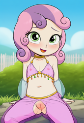 Size: 832x1216 | Tagged: explicit, sweetie belle, ai generated, anus, child, clitoris, crotchless, crotchless pants, female, gypsy, harem outfit, human, humanized, imported from twibooru, lolicon, nipples, novelai, nudity, prompter:doomguy397, sitting on rock, solo, solo female, spread legs, spreading, stable diffusion, transparent, underage, vagina, young, younger