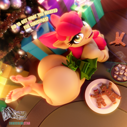 Size: 1884x1888 | Tagged: questionable, artist:snuddy, apple bloom, 3d, adorasexy, anthro, ass, blender, bloom butt, bottom heavy, butt, chocolate, christmas, christmas tree, crepuscular rays, cute, dialogue, earth pony, feet, feet in the air, female, fetish, food, foot fetish, foot focus, gift wrapped, gingerbread (food), gingerbread man, holiday, hot chocolate, imported from twibooru, large butt, lolicon, looking at you, looking up, looking up at you, mushroom, open smile, ornament, plantigrade anthro, plate, present, prone, ribbon, rug, sexy, soles, solo, solo female, toes, tree, underage