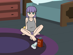 Size: 1600x1200 | Tagged: suggestive, artist:deserter, artist:tolpain, bedroom, boulder, breasts, cameltoe, clothes, crossed legs, edit, female, g4, imported from twibooru, lolicon, maud pie, playing, plushie, shirt, sleeveless, sleeveless shirt, small breasts, solo, solo female, striped underwear, superman, toy, underage, underwear, younger