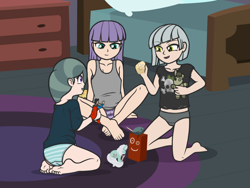 Size: 1600x1200 | Tagged: suggestive, artist:deserter, artist:tolpain, oc, oc:pepples, bedroom, boulder, breasts, cameltoe, clothes, crossed legs, ed edd n eddy, female, g4, imported from twibooru, kneeling, limestone pie, lolicon, marble pie, maud pie, playing, plushie, shirt, siblings, sisters, skull, sleeveless, sleeveless shirt, small breasts, striped underwear, superman, toy, underage, underwear, younger