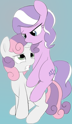Size: 688x1183 | Tagged: questionable, artist:lord waite, artist:mcsadat, diamond tiara, sweetie belle, colored, drool, female, foalcon, g4, gritted teeth, horn, hornjob, imported from derpibooru, lesbian, looking up, missing accessory, on top, ship:diamondbelle, shipping, sitting