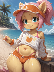 Size: 1920x2560 | Tagged: questionable, fluttershy, ai content, ai generated, anthro, beach, belly button, breasts, cameltoe, clothes, delicious flat chest, female, g4, hat, imported from twibooru, lolicon, looking at you, ocean, panties, pegasus, shorts, small breasts, solo, swimsuit, thong, thong swimsuit, thong underwear, underage, underwear, unguligrade anthro, water, wingless, wingless anthro