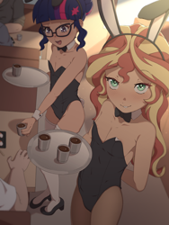 Size: 1200x1600 | Tagged: suggestive, artist:rockset, twilight sparkle, banned from derpibooru, blushing, bowtie, breasts, bunny ears, bunny sparkle, bunny suit, bunny tail, clothes, coffee, cutie mark accessory, delicious flat chest, drink, duo, duo female, equestria girls, eyelashes, female, g4, glasses, hand behind back, human, human coloration, imported from twibooru, legwear, lip bite, lolicon, looking at you, mary janes, pantyhose, playboy bunny, sci-twi, shoes, stockings, sunset shimmer, tail, thigh highs, tights, underage, waitress