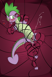 Size: 1623x2400 | Tagged: explicit, artist:v-d-k, spike, anal insertion, anal orgasm, anthro, belly button, blushing, clothes, cum, dildo, dragon, foalcon, g4, heart, imported from derpibooru, insertion, legwear, male, malesub, nudity, on back, orgasm, penis, pillow, ropes, sex toy, socks, solo, solo male, spikesub, stockings, submissive, thigh highs