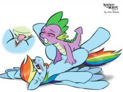 Size: 1600x1200 | Tagged: explicit, artist:jcosneverexisted, rainbow dash, spike, age difference, blushing, creampie, cum, cum inside rainbow dash, cumming, dragon, duo, duo male and female, eyes closed, female, foalcon, g4, gritted teeth, imported from derpibooru, interspecies, legs in air, male, missionary position, nudity, open mouth, pegasus, penetration, penis, pony, reasonably sized genitals, reasonably sized penis, sex, ship:rainbowspike, shipping, spread legs, straight, sweat, tongue out, vaginal, vaginal creampie, vulva, wingless spike