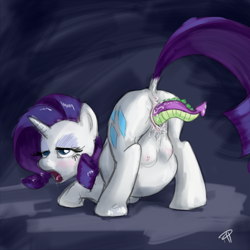 Size: 640x640 | Tagged: explicit, artist:ponyhell, rarity, spike, 30 minute art challenge, age difference, ahegao, anus, butt, crotchboobs, dock, dragon, female, fetish, foalcon, g4, imported from derpibooru, makeup, male, nipples, nudity, plot, pony, raripred, ship:sparity, shipping, simple background, spikeprey, straight, stupid sexy rarity, tail sticking out, teats, unbirthing, unicorn, vagina, vaginal, vaginal secretions, vore, vulva