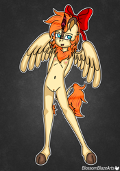 Size: 2320x3318 | Tagged: explicit, artist:blossomblaze, oc, oc:blossomblaze, anthro, belly, belly button, bow, breasts, delicious flat chest, female, freckles, hair bow, hands behind back, imported from twibooru, lolicon, nipples, nudity, pubic fluff, underage, vagina