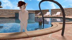 Size: 2000x1125 | Tagged: suggestive, artist:jawolfadultishart, 3d, anthro, banned from derpibooru, beach chair, blushing, clothed female nude male, clothes, covering crotch, daz studio, dinky hooves, earth pony, embarrassed, embarrassed nude exposure, female, imported from twibooru, looking back, male, not sfm, nudity, one-piece swimsuit, pipsqueak, pony, shotacon, swimming pool, swimming trunks, swimsuit, underage, unicorn, wardrobe malfunction