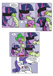 Size: 1411x2040 | Tagged: explicit, artist:nessvii, rarity, spike, twilight sparkle, comic:friends with benefits, age difference, anthro, balls, beefspike, big breasts, bisexual, blindfold, blowjob, blushing, breasts, busty rarity, busty twilight sparkle, cleavage, comic, dialogue, dragon, female, foalcon, friends with benefits, g4, horn, imported from derpibooru, interspecies, lesbian, licking, licking cock, male, nudity, older, older spike, oral, penis, pseudoincest, ship:rarilight, ship:sparity, ship:twisparity, ship:twispike, shipping, spike gets all the mares, spikelove, straight, sweat, sweatdrop, teenage spike, teenaged dragon, teenager, unicorn, voyeurism