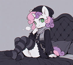 Size: 1792x1600 | Tagged: explicit, sweetie belle, ai generated, anthro, bed, belt, black dress, chain, chromatic aberration, clothes, dress, female, fingers, hat, human vulva, imported from twibooru, lolicon, long sleeves, looking at you, on bed, prompter:foaltamer, scarf, simple background, sitting, skirt, smiling, socks, solo, solo female, stockings, striped socks, tail, thigh highs, toque, underage, unicorn, unicorn horn
