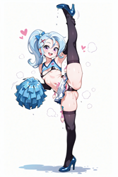 Size: 1024x1536 | Tagged: explicit, ai generated, alternate hairstyle, bikini, black stockings, cheerleader, clothes, condom, female, filled condom, g4, gloves, high heels, human, humanized, imported from twibooru, lolicon, long gloves, micro bikini, microskirt, panties, pom pom, prompter:princesshumility, shoes, skirt, standing, standing on one leg, standing splits, stockings, swimsuit, tattoo, thigh highs, thong, thong underwear, trixie, underage, underwear, used condom, vertical split