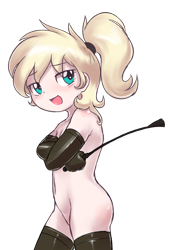 Size: 1064x1540 | Tagged: explicit, artist:pestil, oc, oc:luftkrieg, banned from derpibooru, belly, belly button, clothes, crossed arms, female, gloves, human, humanized, humanized oc, imported from twibooru, lolicon, looking at you, nudity, open smile, ponytail, simple background, socks, solo, solo female, transparent background, underage, whip