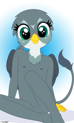 Size: 1458x2420 | Tagged: explicit, artist:tolpain, abstract background, anthro, breasts, clothes, cute, delicious flat chest, female, gabby, griffon, imported from twibooru, lolicon, looking at you, nudity, partial nudity, sitting, small breasts, topless, underage, vulva