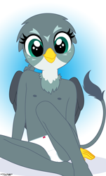 Size: 1458x2420 | Tagged: questionable, artist:tolpain, abstract background, anthro, breasts, clothes, cute, delicious flat chest, female, gabby, griffon, imported from twibooru, lolicon, looking at you, nipples, nudity, panties, partial nudity, sitting, small breasts, topless, underage, underwear, white panties, white underwear