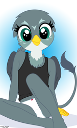Size: 1458x2420 | Tagged: safe, artist:tolpain, abstract background, anthro, clothes, cute, female, gabby, griffon, imported from twibooru, lolicon, looking at you, panties, sitting, tanktop, underage, underwear, white panties, white underwear